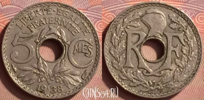 Франция 5 сантимов 1938 года, KM# 875, 246m-014