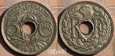 Франция 5 сантимов 1938 года, KM# 875, 254s-050 ♛