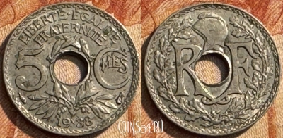 Франция 5 сантимов 1938 года, KM# 875, 287s-064