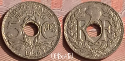 Франция 5 сантимов 1938 года, KM# 875, 308o-124