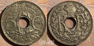 Франция 5 сантимов 1938 года, KM# 875, 357s-018