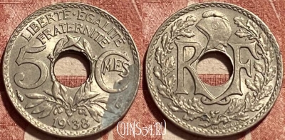 Франция 5 сантимов 1938 года, KM# 875, 380q-120 ♛