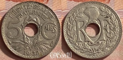 Франция 5 сантимов 1938 года, KM# 875, 420o-135