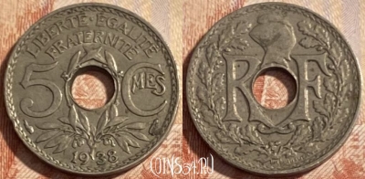 Франция 5 сантимов 1938 года, KM# 875, 498р-138 ♛