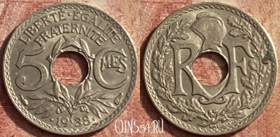 Франция 5 сантимов 1938 года, KM# 875a, 146p-087