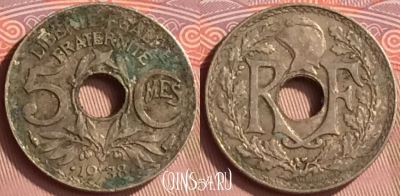 Франция 5 сантимов 1938 года, KM# 875a, 152m-010