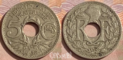 Франция 5 сантимов 1938 года, KM# 875a, 345p-049 ♛
