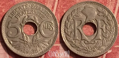 Франция 5 сантимов 1938 года, KM# 875a, 367o-089