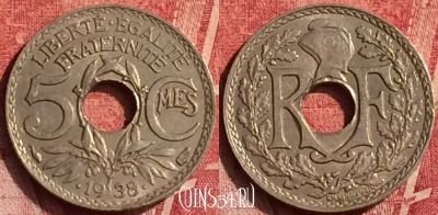 Франция 5 сантимов 1938 года, KM# 875a, 367o-090