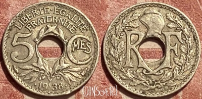 Франция 5 сантимов 1938 года, KM# 875a, 386q-088 ♛