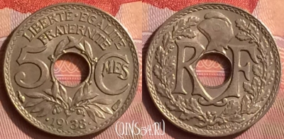 Франция 5 сантимов 1938 года, KM# 875a, 394o-026 ♛