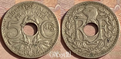 Франция 5 сантимов 1938 года, KM# 875a, 395p-127 ♛