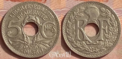 Франция 5 сантимов 1938 года, KM# 875a, 420o-132
