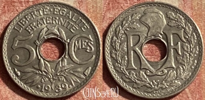Франция 5 сантимов 1939 года, KM# 875a, 133p-008 ♛