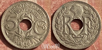 Франция 5 сантимов 1939 года, KM# 875a, 149p-001