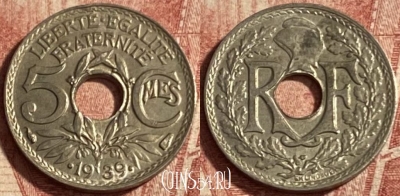 Франция 5 сантимов 1939 года, KM# 875a, 257p-032 ♛