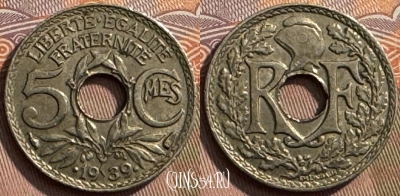 Франция 5 сантимов 1939 года, KM# 875a, 262s-053