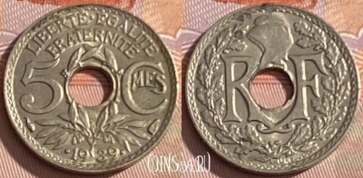 Франция 5 сантимов 1939 года, KM# 875a, 343p-058 ♛