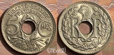 Франция 5 сантимов 1939 года, KM# 875a, 388s-021 ♛