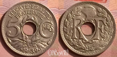 Франция 5 сантимов 1939 года, KM# 875a, 394o-018 ♛