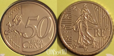 Франция 50 евроцентов 2011 года, KM# 1412, BU, 401n-104 ♛
