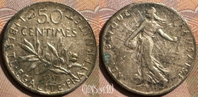 Франция 50 сантимов 1917 года Ag, KM# 854, 401s-141 ♛