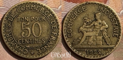 Франция 50 сантимов 1922 года, KM# 884, 309s-117