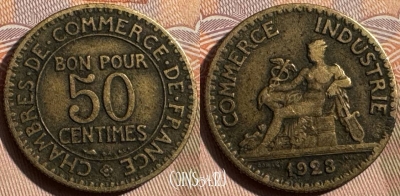 Франция 50 сантимов 1923 года, KM# 884, 338s-080