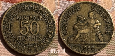 Франция 50 сантимов 1925 года, KM# 884, 332s-037 ♛
