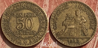 Франция 50 сантимов 1925 года, KM# 884, 338q-122 ♛