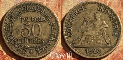 Франция 50 сантимов 1926 года, KM# 884, 195p-011