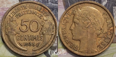 Франция 50 сантимов 1938 года, KM# 894, 133-041