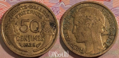 Франция 50 сантимов 1938 года, KM# 894, 135b-096