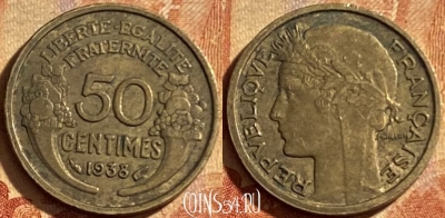 Франция 50 сантимов 1938 года, KM# 894, 201p-084