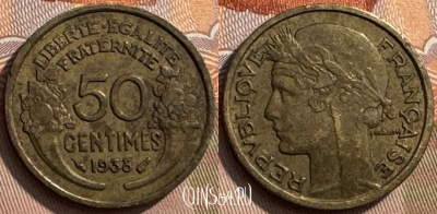Франция 50 сантимов 1938 года, KM# 894, 270s-080