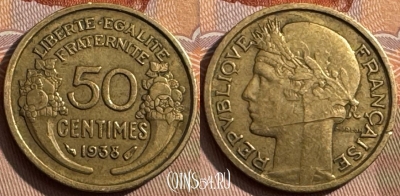 Франция 50 сантимов 1938 года, KM# 894, 389s-020