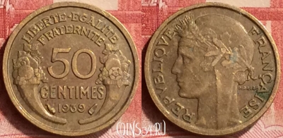 Франция 50 сантимов 1939 года, KM# 894, 170m-132