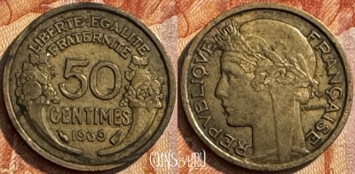 Франция 50 сантимов 1939 года, KM# 894, 288s-023