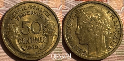 Франция 50 сантимов 1939 года, KM# 894, 353s-074