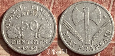 Франция 50 сантимов 1942 года, KM# 914, 117q-016 ♛