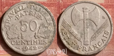 Франция 50 сантимов 1942 года, KM# 914, 144m-116