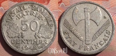 Франция 50 сантимов 1942 года, KM# 914, 250a-074
