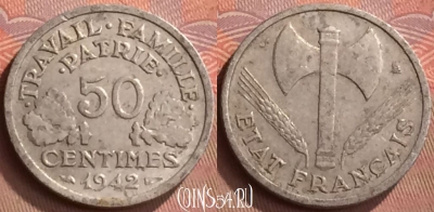 Франция 50 сантимов 1942 года, KM# 914, 267m-038