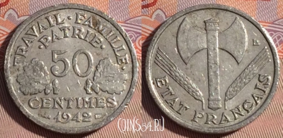 Франция 50 сантимов 1942 года, KM# 914, 283b-128