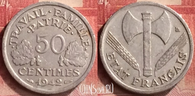 Франция 50 сантимов 1942 года, KM# 914, 285m-143