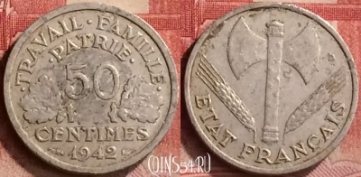 Франция 50 сантимов 1942 года, KM# 914, 287m-007
