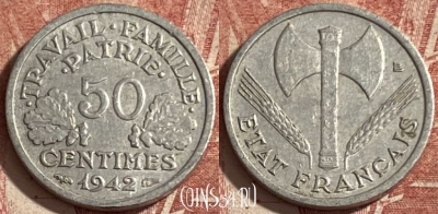 Франция 50 сантимов 1942 года, KM# 914, 294p-072