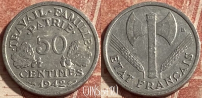 Франция 50 сантимов 1942 года, KM# 914, 295p-126