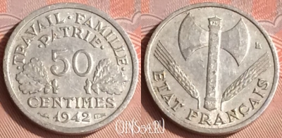 Франция 50 сантимов 1942 года, KM# 914, 312o-101