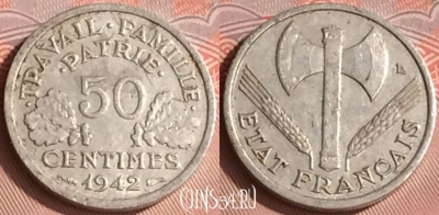 Франция 50 сантимов 1942 года, KM# 914, 312o-113